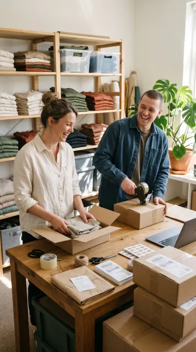 Two co-founders packing online orders together.