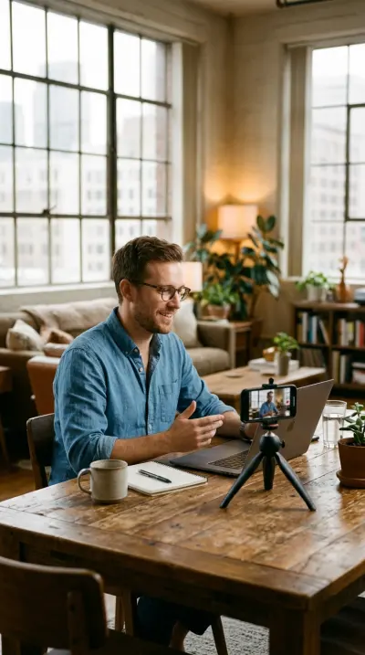 A small business owner smiling during an online meeting.